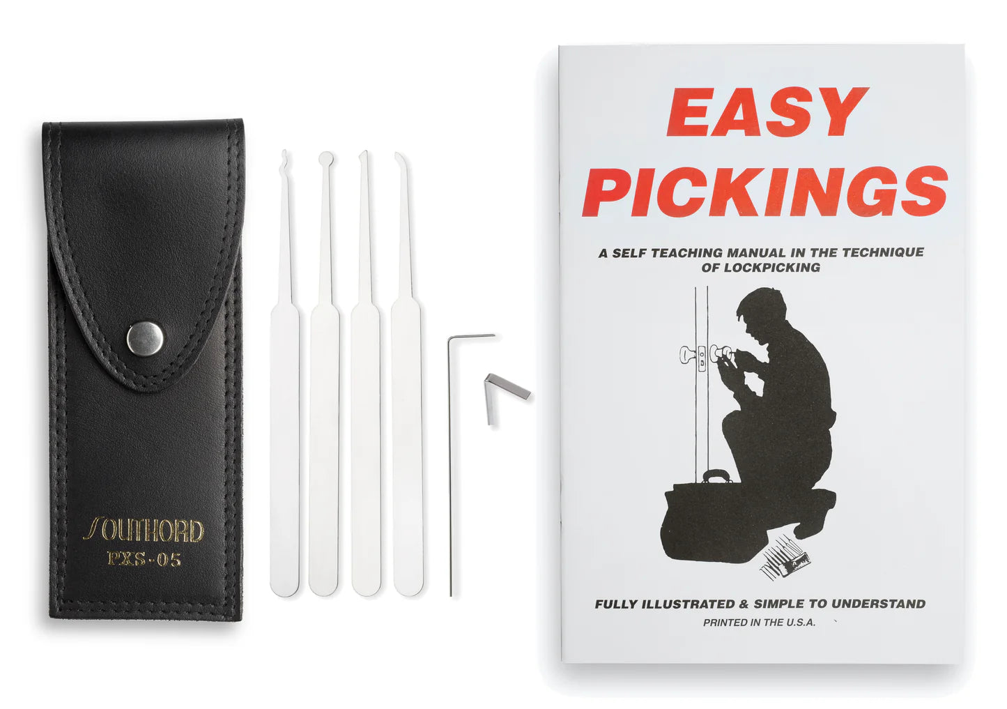SouthOrd Beginner Lock Pick Set with Training Manual – Stainless Steel Kit w/ Leather Case (Made in USA)