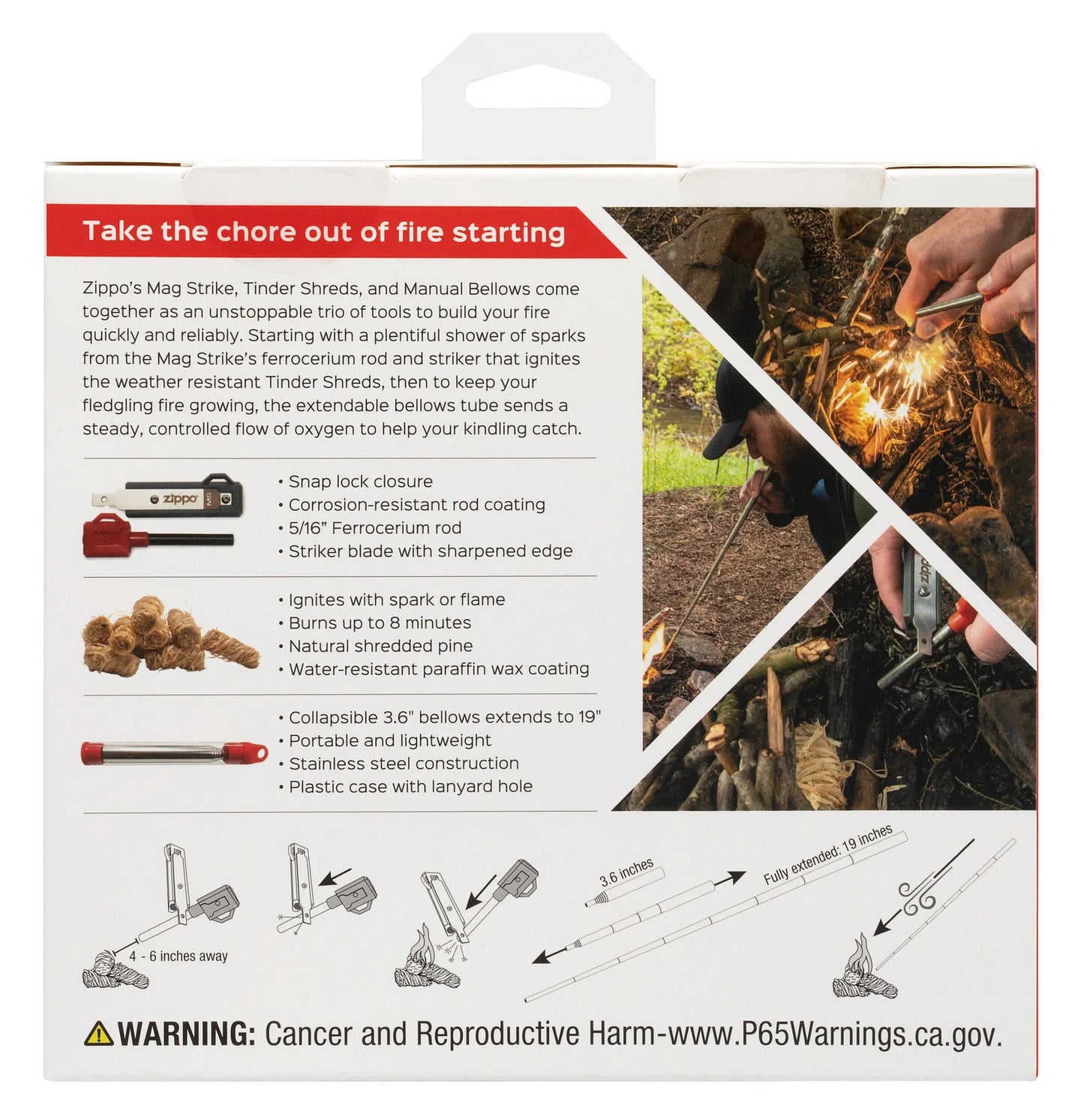 Zippo Fire Starter Combo Kit – Ferro Rod, Tinder & Bellows Survival Set